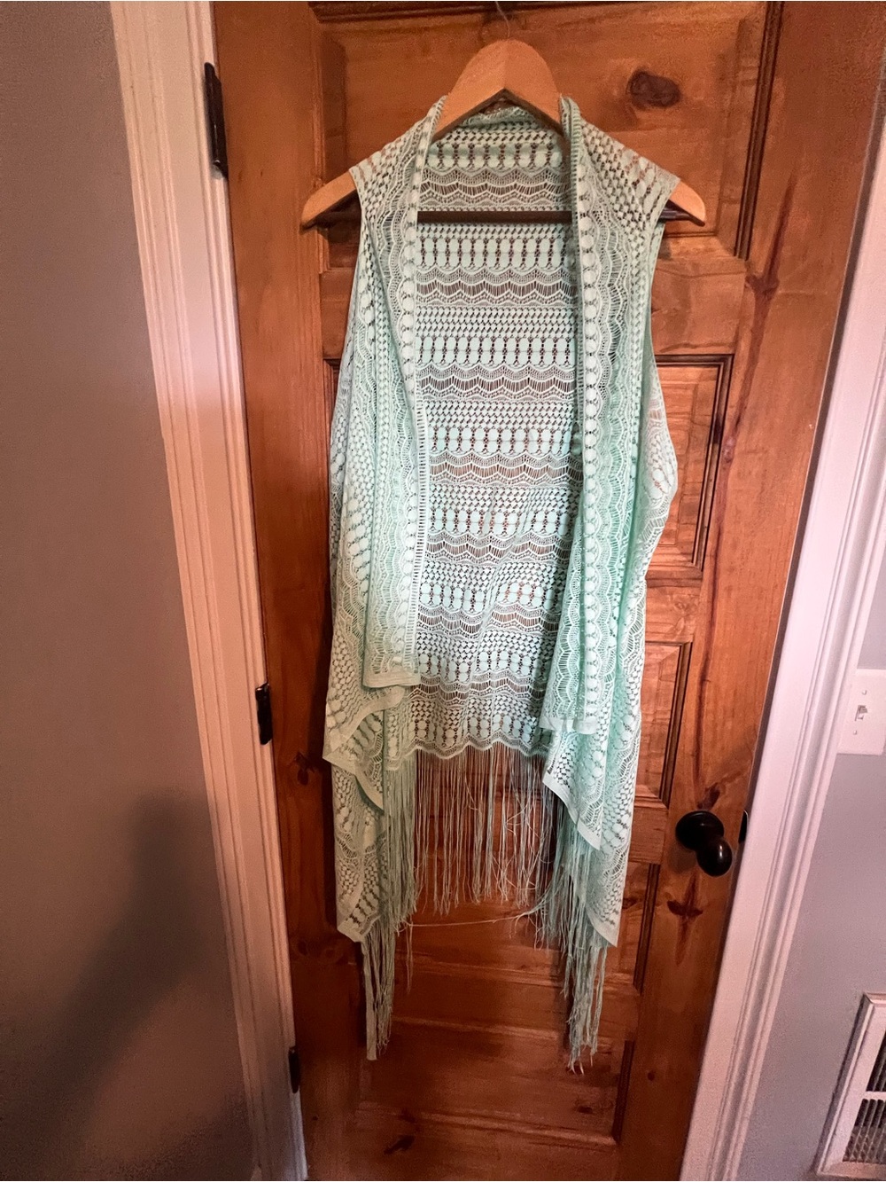 Unknown Brand Mint Green Crochet Fringe Throw Vest